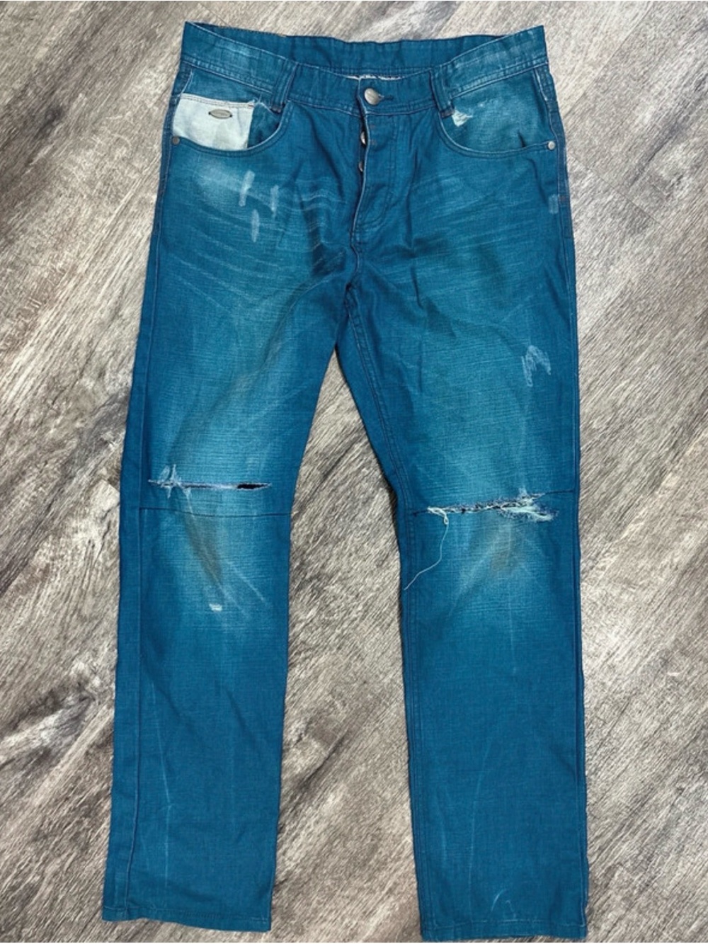 Relaxed Fit Men's Teal Blue Distressed Jeans